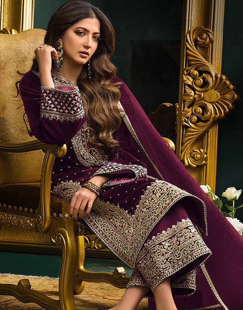 Designer Party Wear Salwar Suit Collection Purple Velvet Pant Straight Close-up View